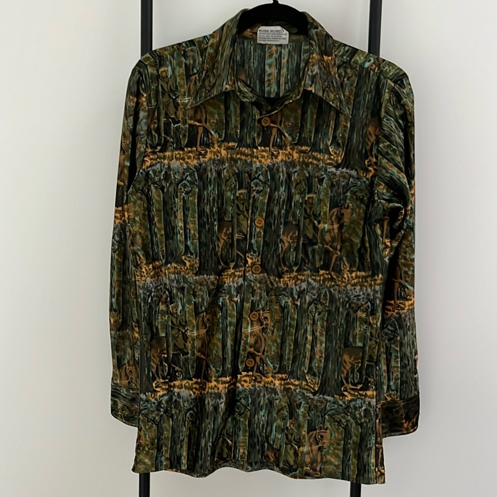 Vintage Campus Knit Shirt Button Down Print Hunter Long Sleeve Men Size M